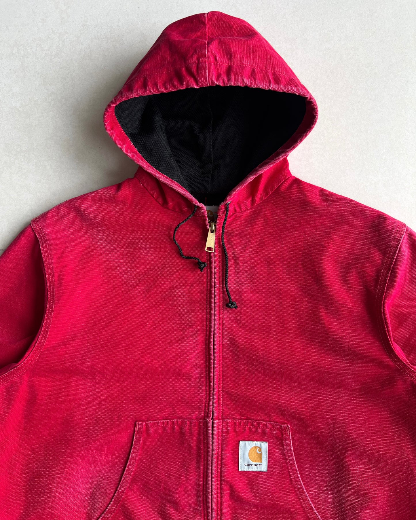 1990S FADED RED CARHARTT HOODED WORK JACKET (L)