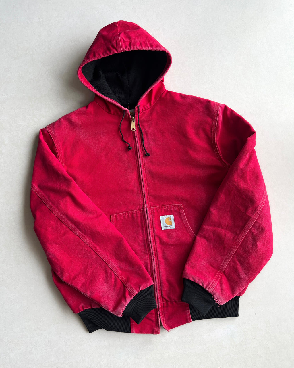 1990S FADED RED CARHARTT HOODED WORK JACKET (L)