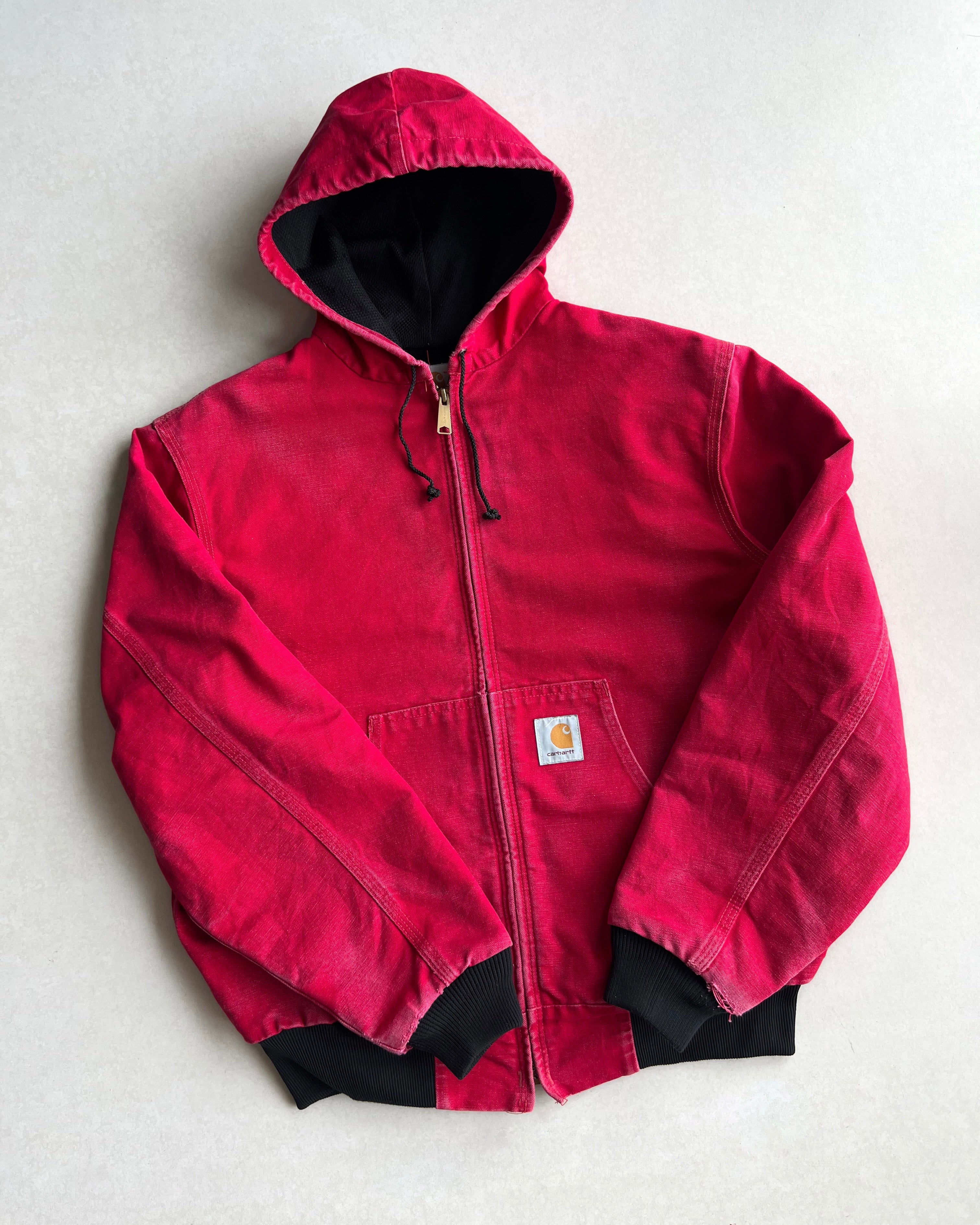1990S FADED RED CARHARTT HOODED WORK JACKET (L)