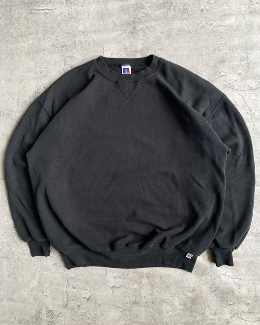 1990S RUSSELL FADED BLACK BLANK CREWNECK SWEATSHIRT (XL/XXL)