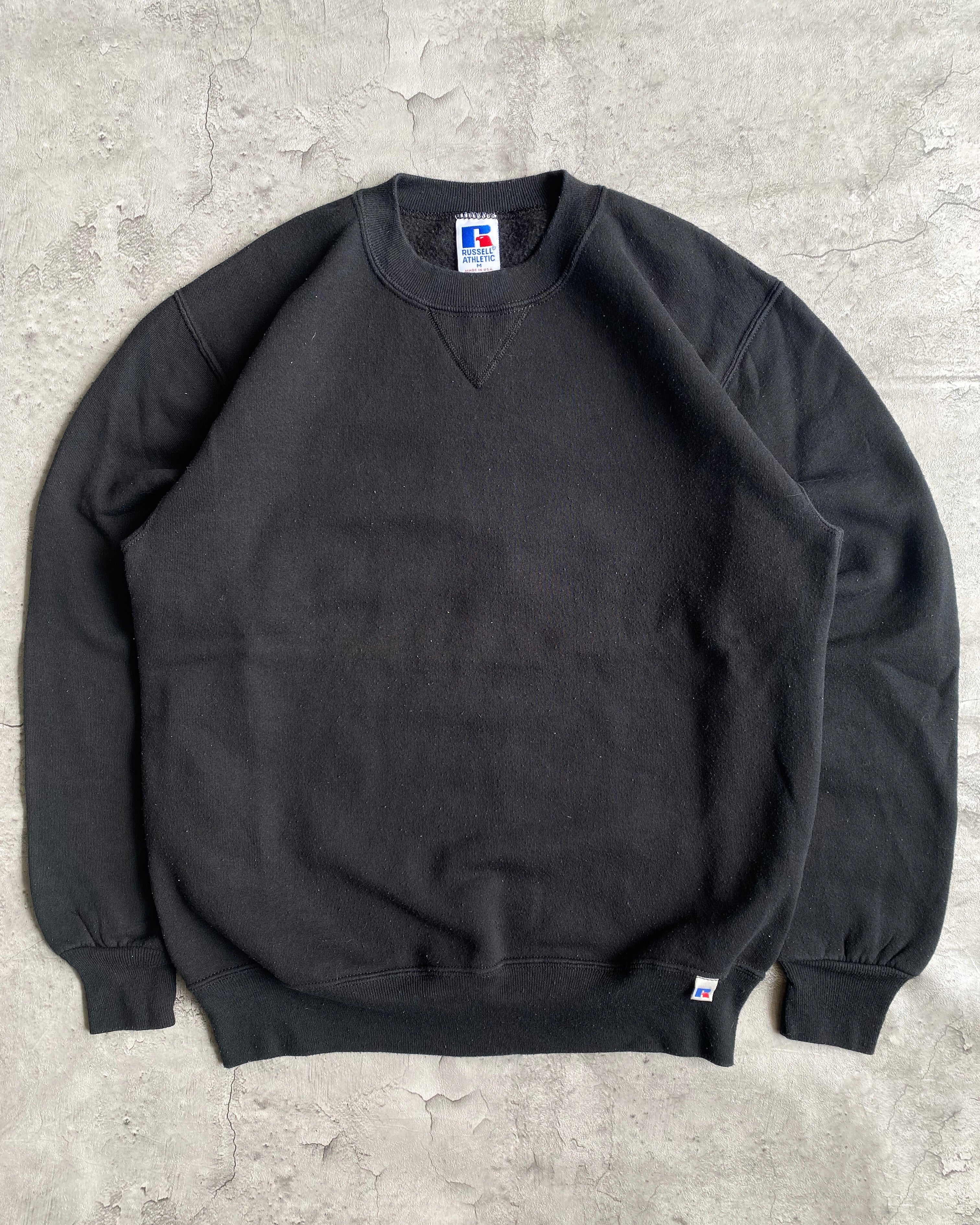 1990S RUSSELL BLACK BLANK CREWNECK SWEATSHIRT (S/M)