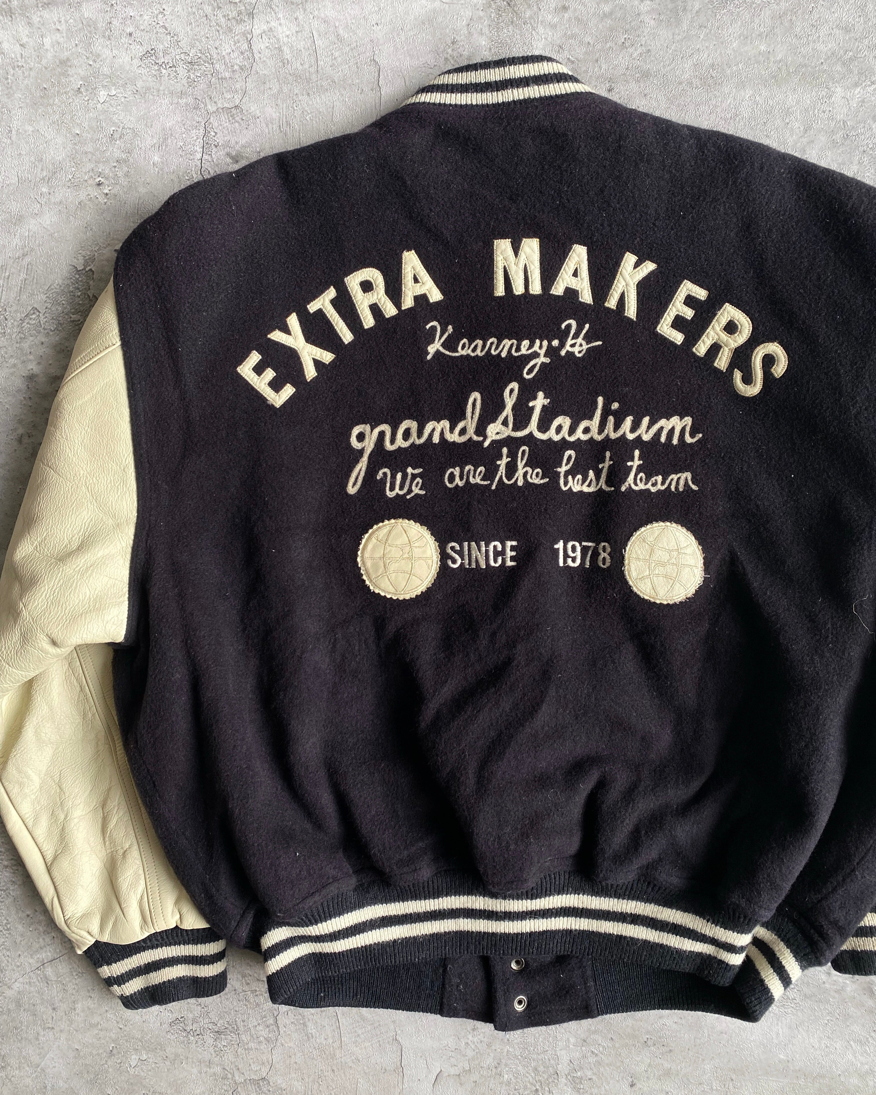 1980S 'EXTRA MAKERS' LEATHER SLEEVES VARSITY JACKET (L)