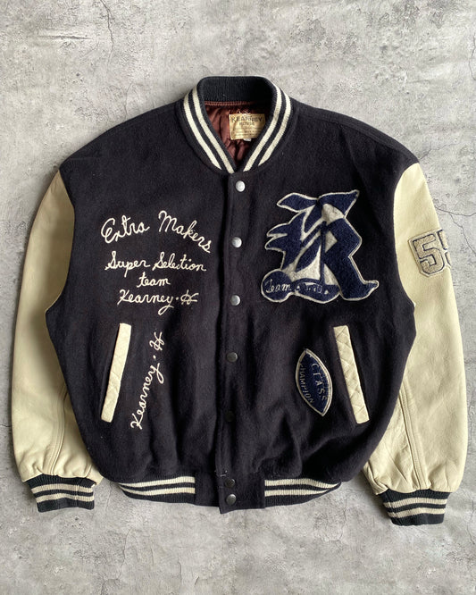 1980S 'EXTRA MAKERS' LEATHER SLEEVES VARSITY JACKET (L)