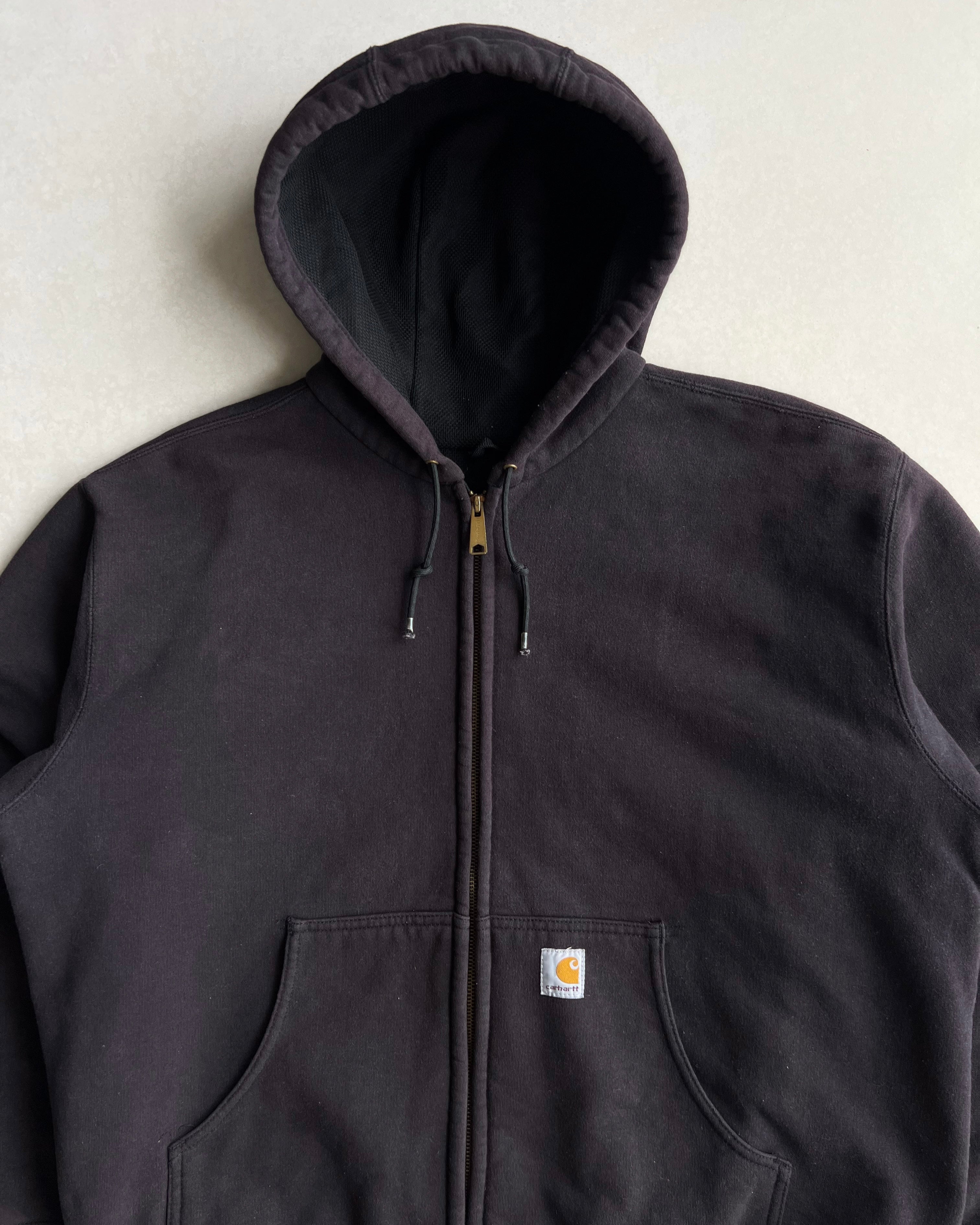 1990S FADED BLACK CARHARTT HEAVYWEIGHT LOGO ZIP-UP HOODIE (XL)