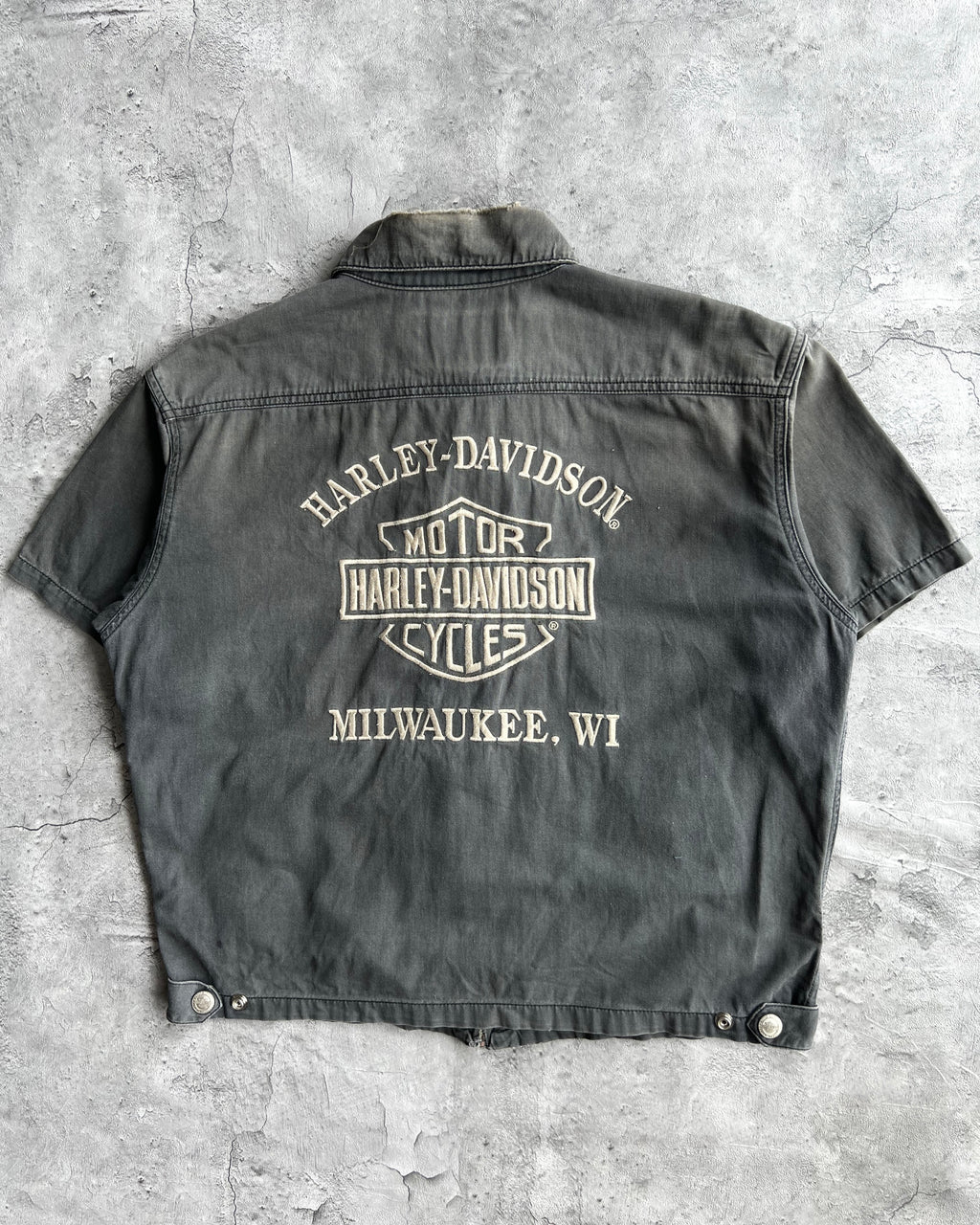 2000S FADED BLACK HARLEY DAVIDSON ZIP-UP WORK SHIRT (L)