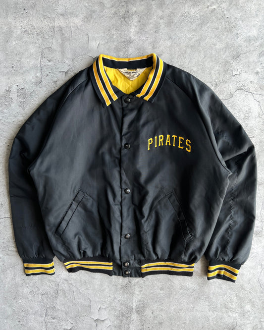 1970S BLACK 'PIRATES' RAGLAN VARSITY JACKET (L)