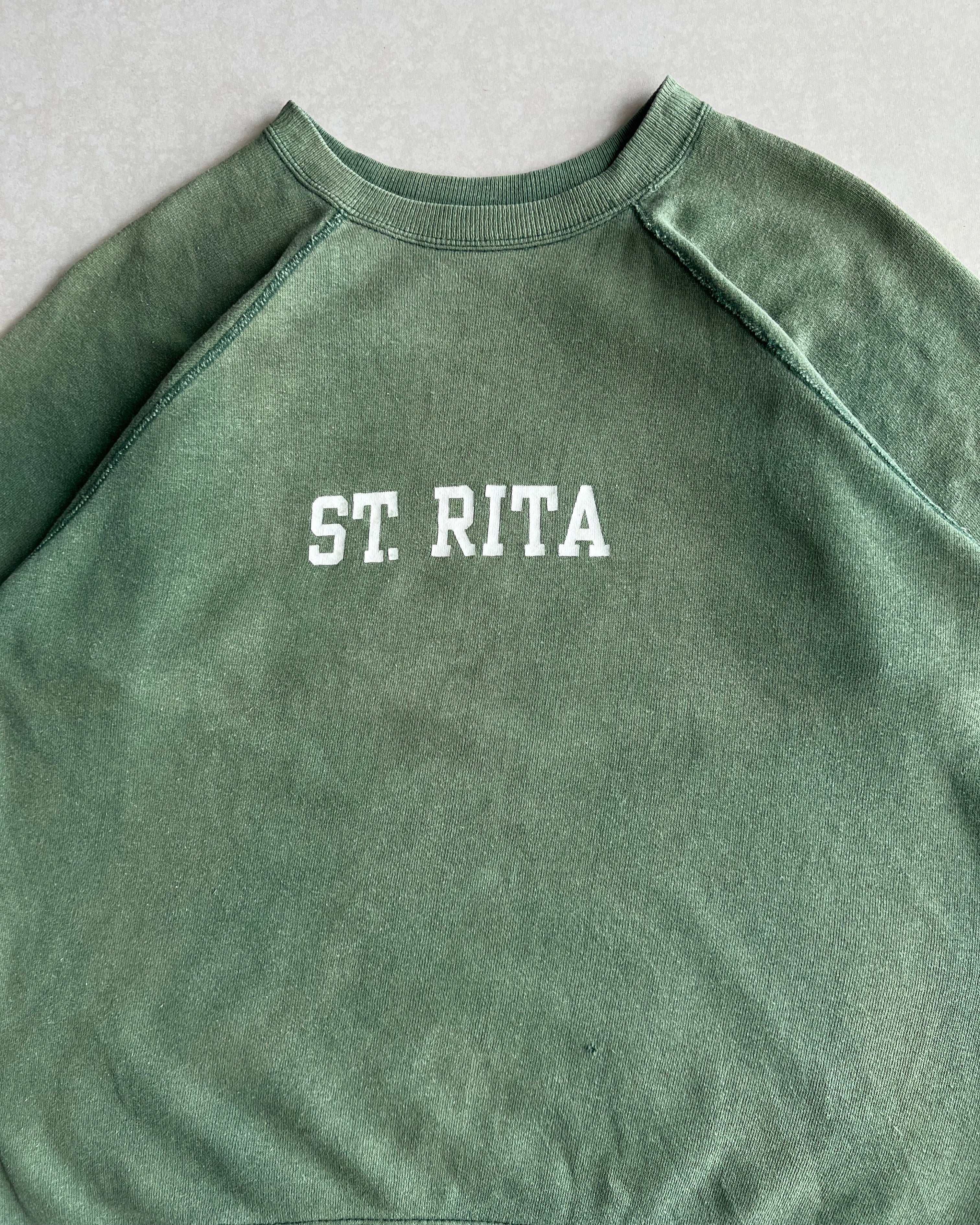 1950S FADED GREEN 'ST.RITA' SHORT SLEEVES RAGLAN SWEATSHIRT (L)