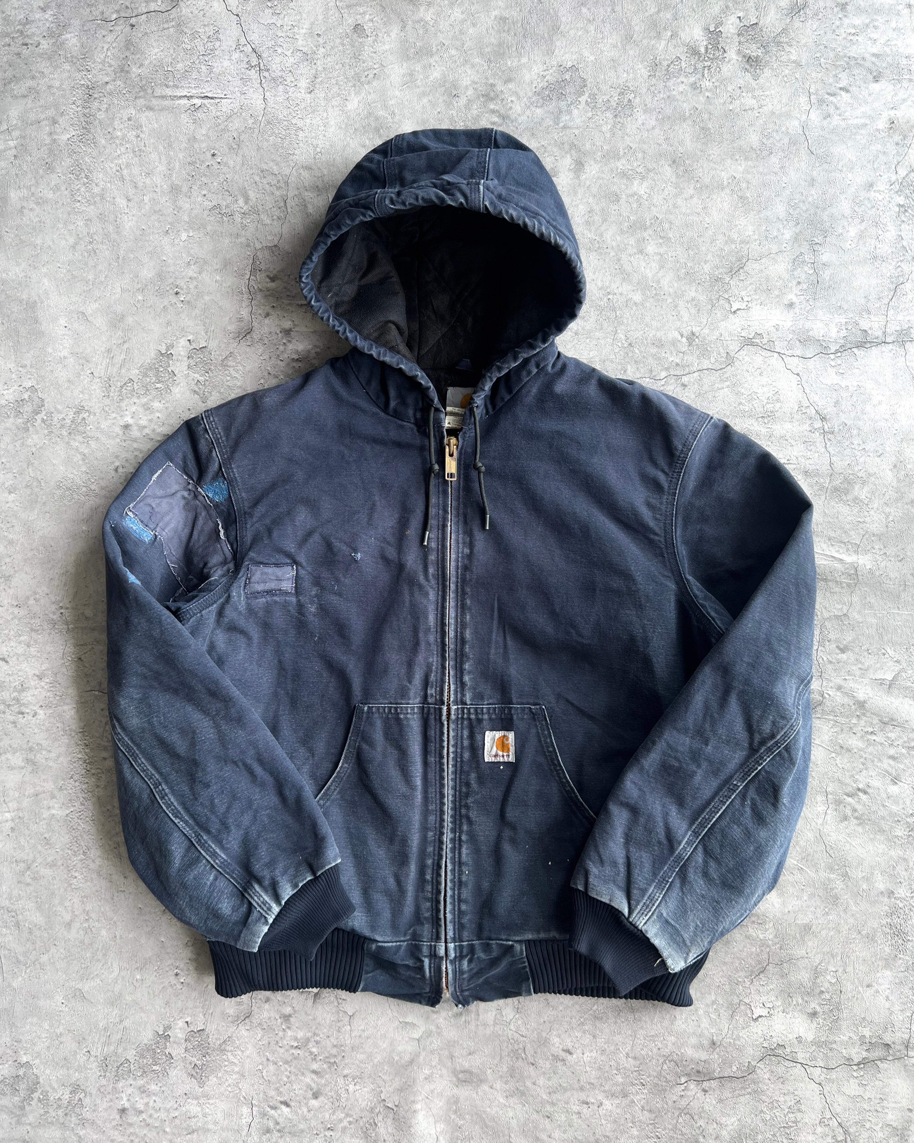 1990S BLUE REPAIRED CARHARTT HOODED WORK JACKET (M)