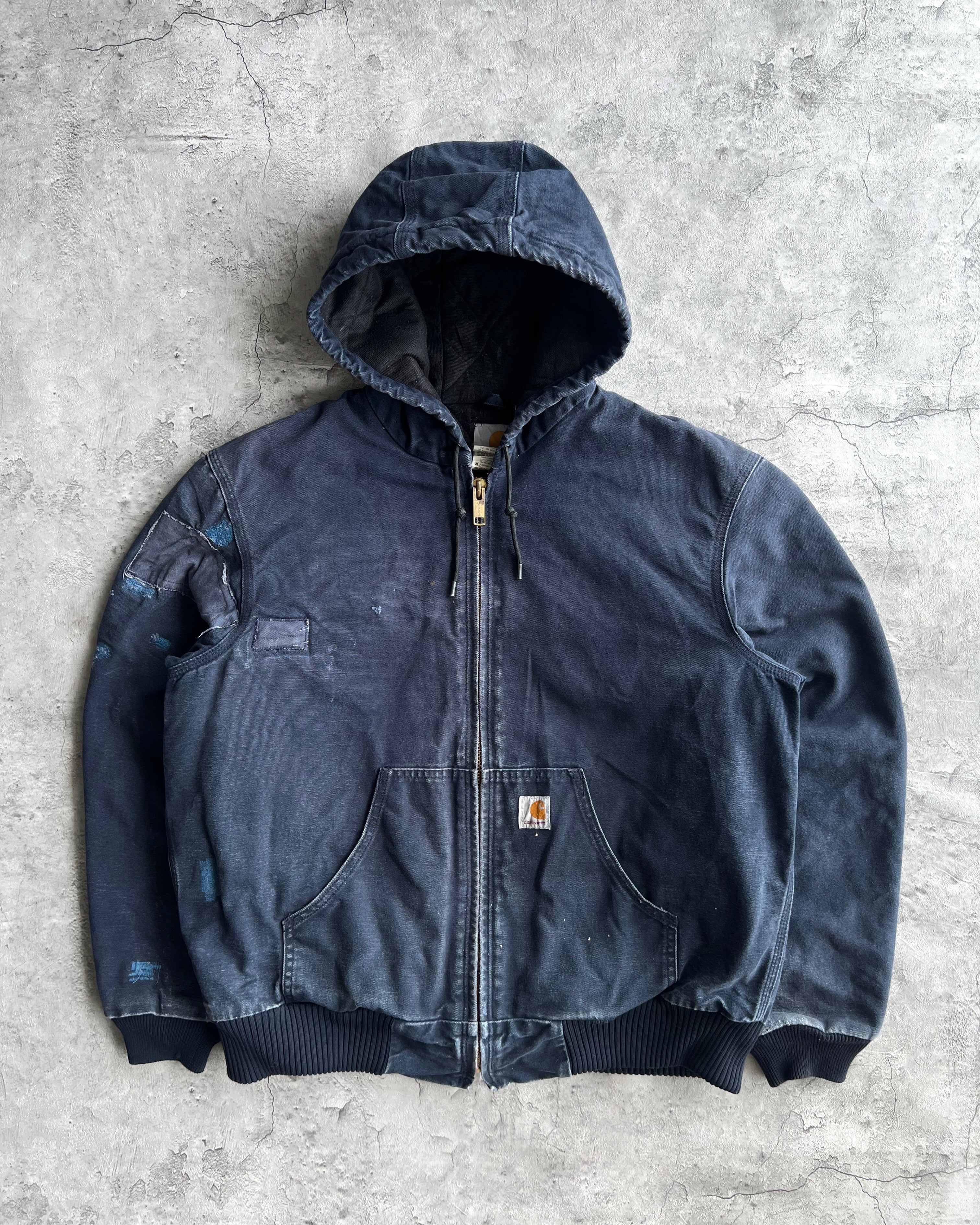 1990S BLUE REPAIRED CARHARTT HOODED WORK JACKET (M)