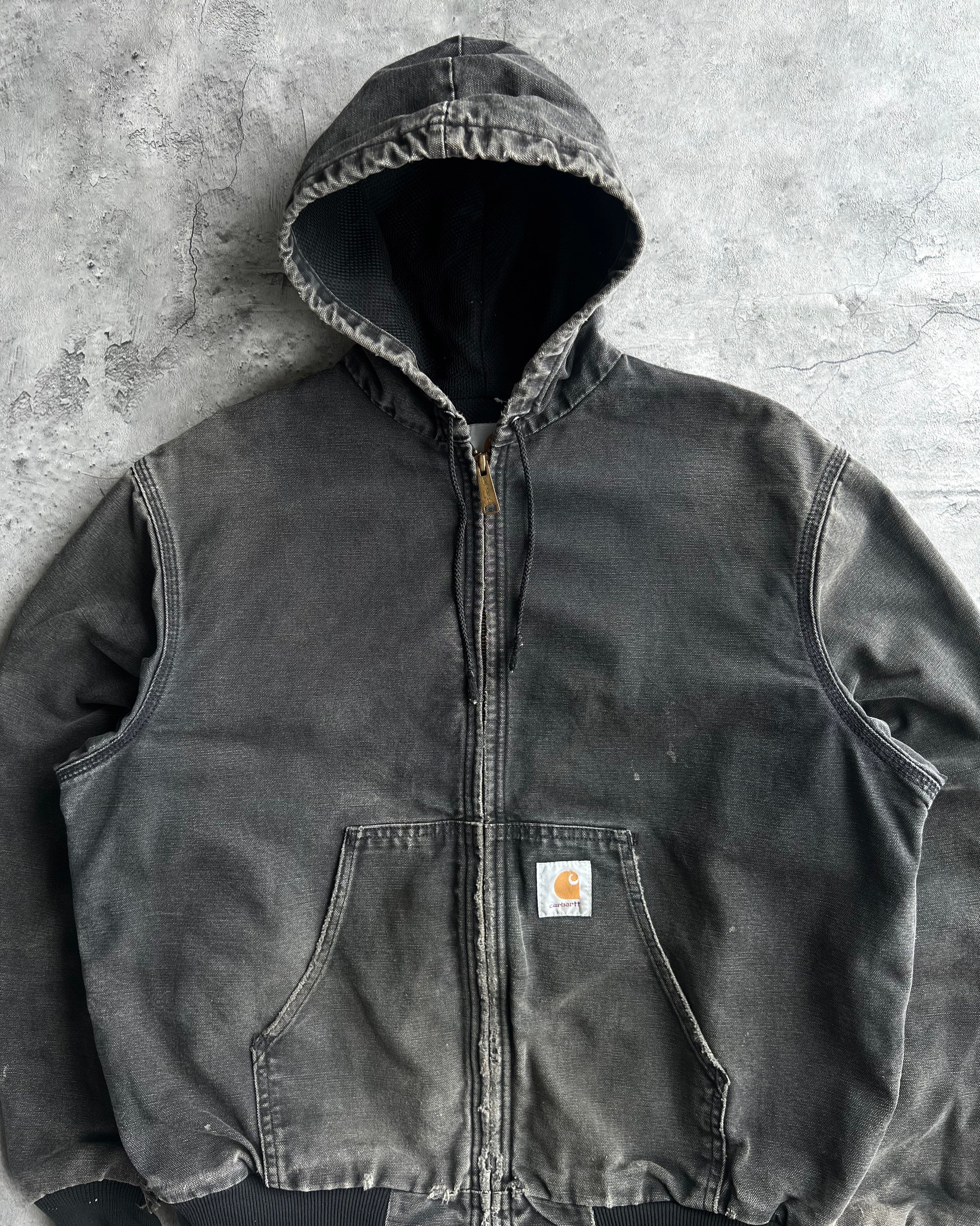 1990S FADED BLACK CARHARTT HOODED WORK JACKET (L)