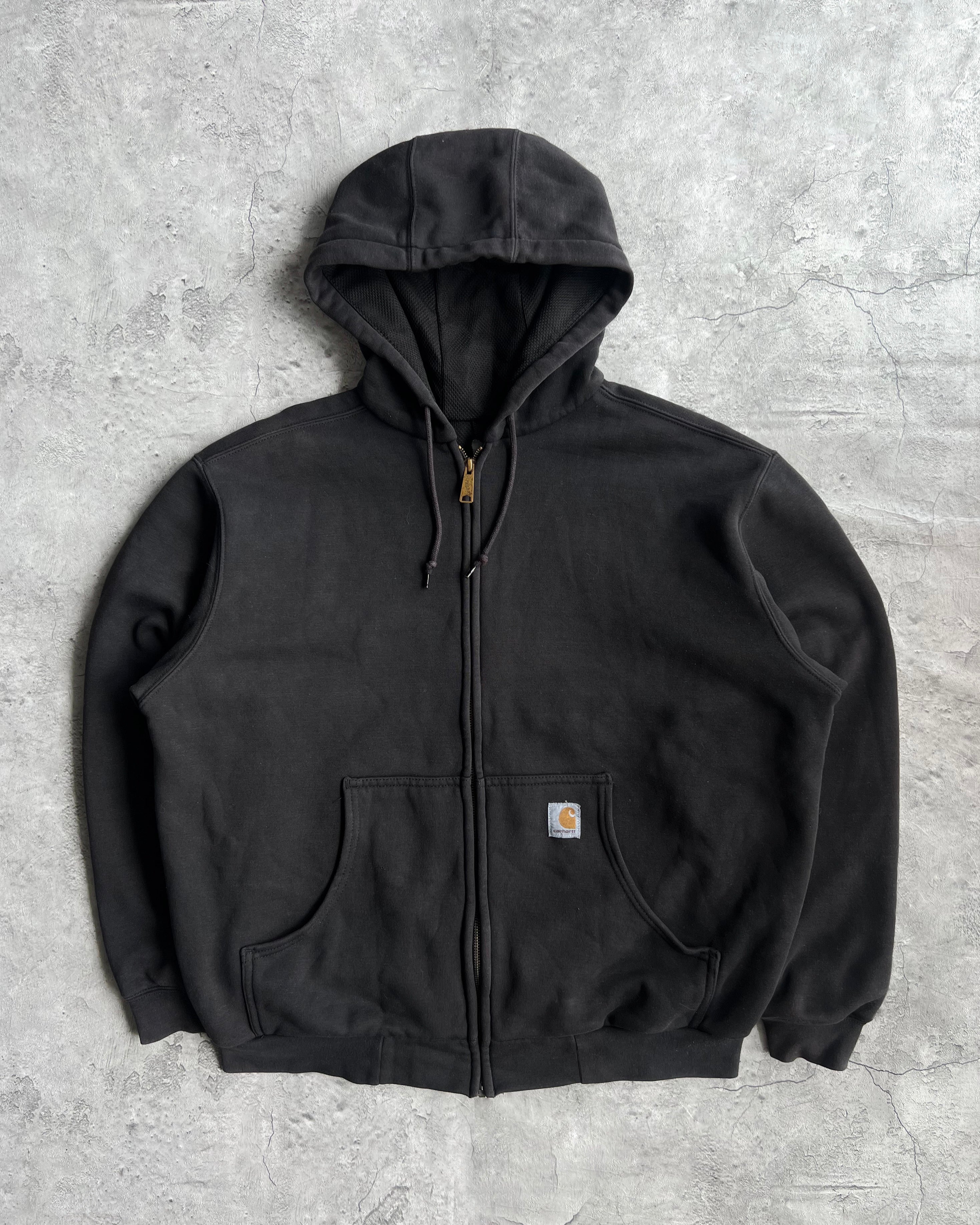 1990S BLACK HEAVYWEIGHT CARHARTT LOGO ZIP-UP HOODIE (L)
