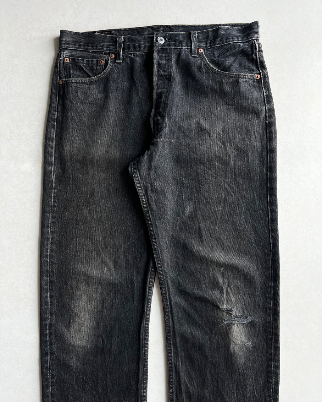 1990S FADED BLACK LEVI'S 501 DISTRESSED JEANS (36X36)