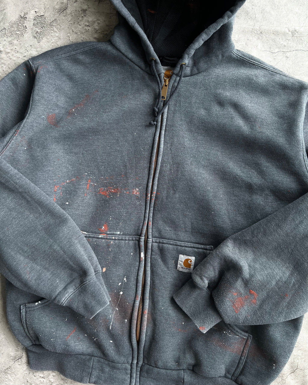 1990S GREY PAINTED CARHARTT HEAVYWEIGHT LOGO ZIP-UP HOODIE (XL)