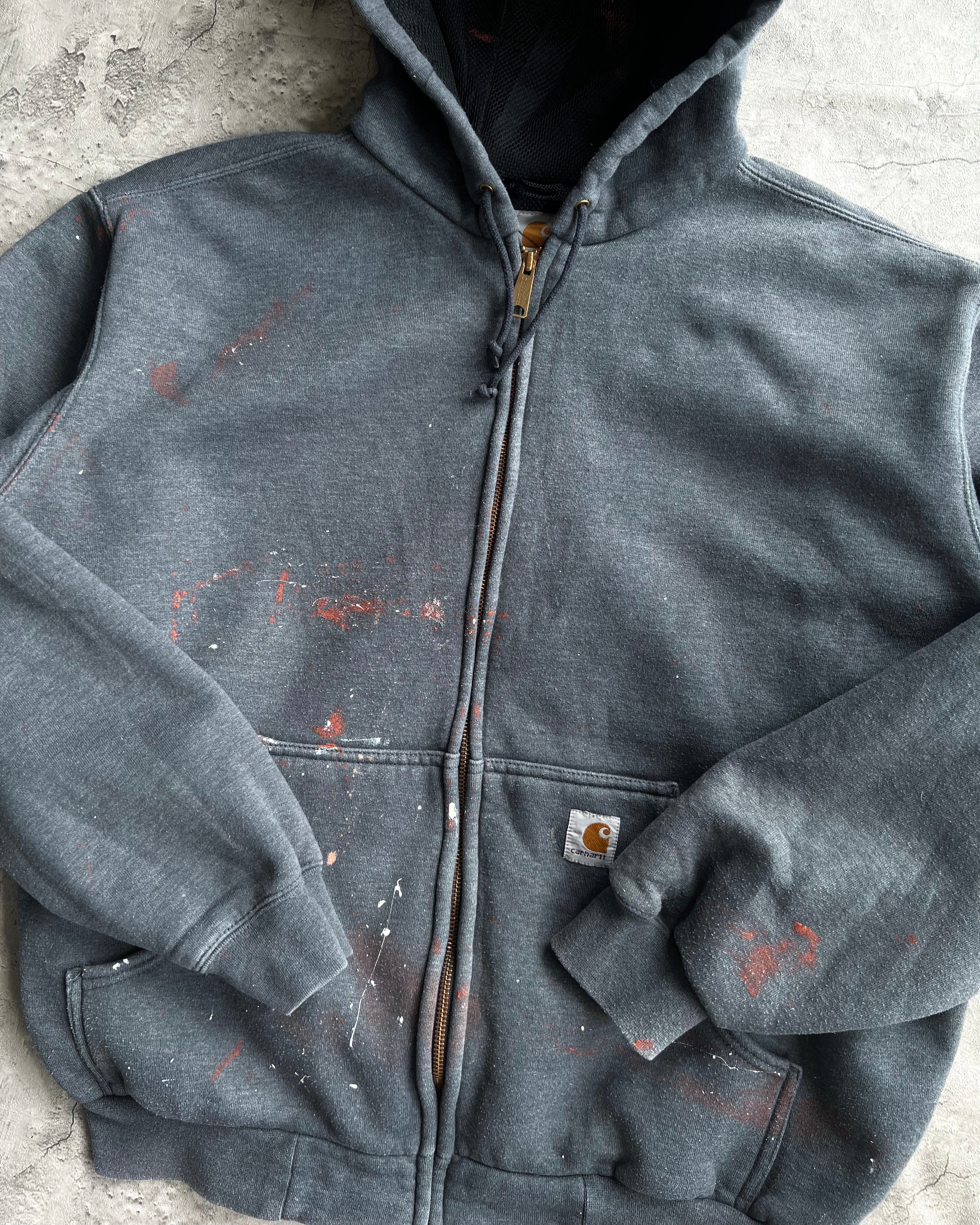 1990S GREY PAINTED CARHARTT HEAVYWEIGHT LOGO ZIP-UP HOODIE (XL)