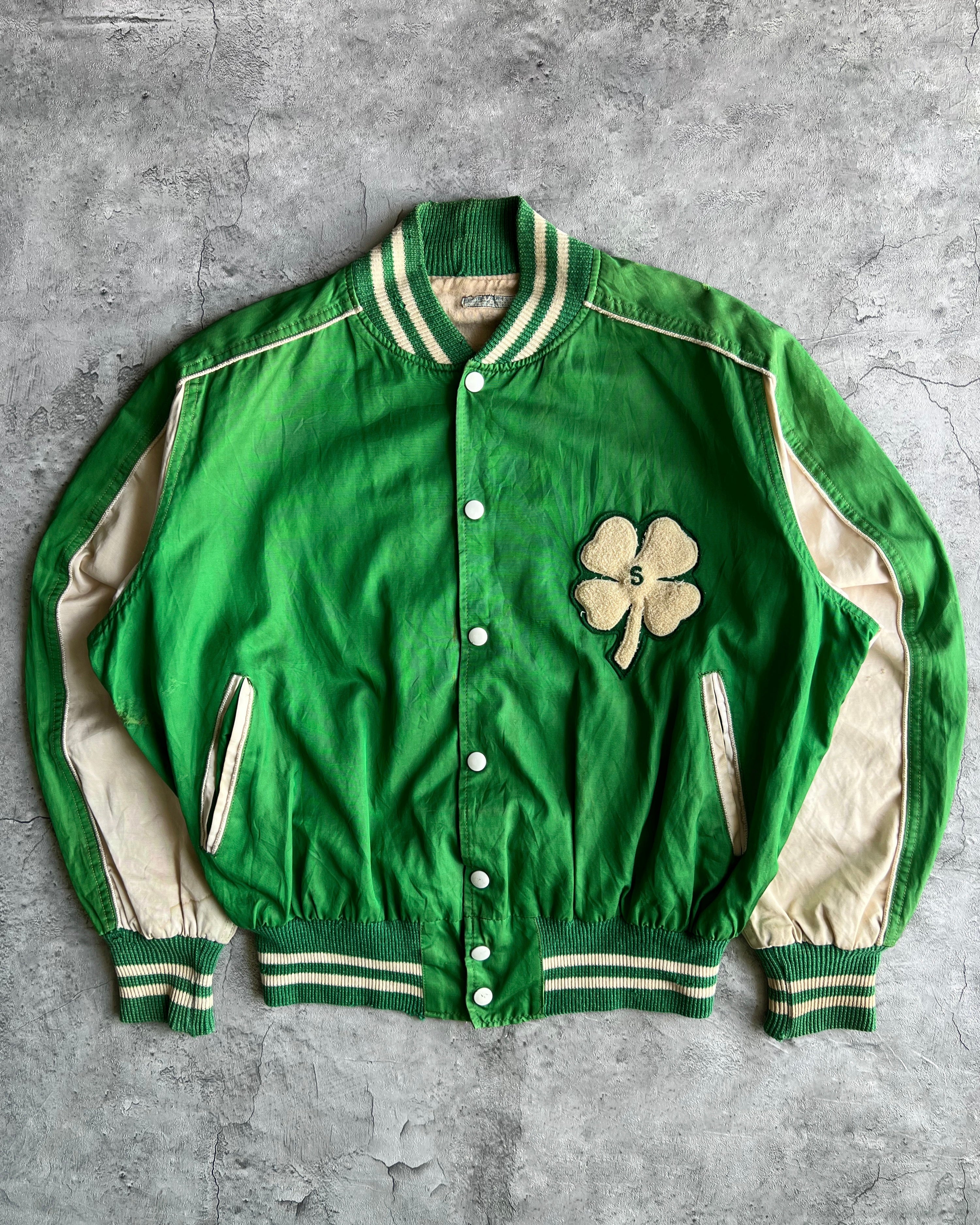 1950S GREEN SATIN FOUR LEAFS VARSITY JACKET (L)