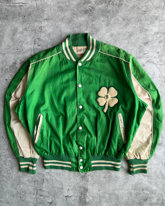 1950S GREEN SATIN FOUR LEAFS VARSITY JACKET (L)
