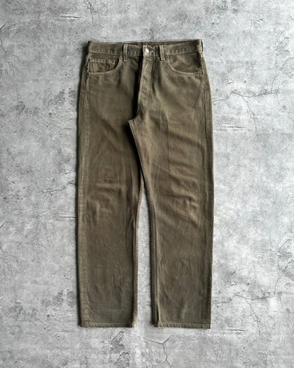 1990S MUD BROWN/GREEN LEVI'S 501 JEANS (33X34)