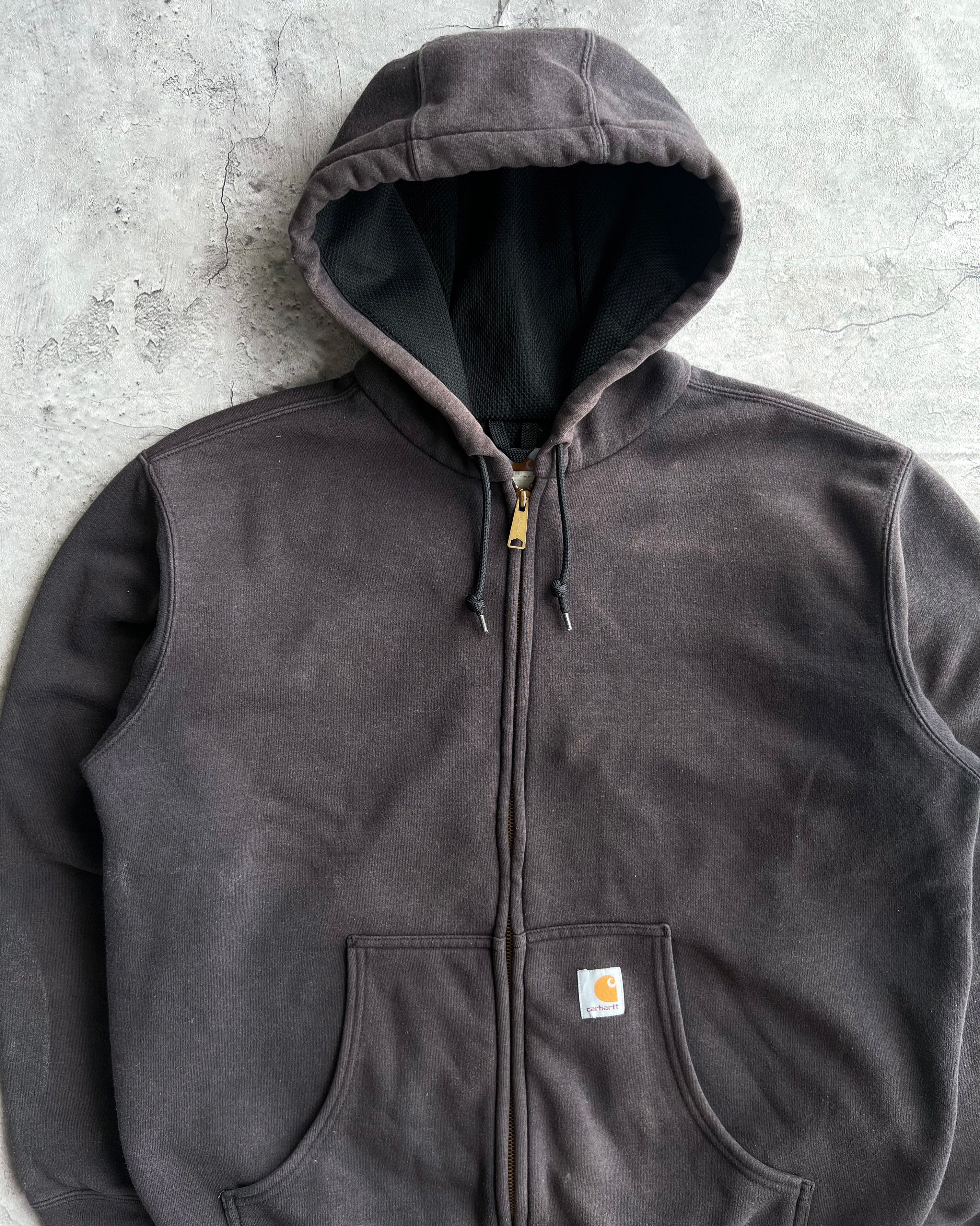 1990S SUN FADED BLACK HEAVYWEIGHT CARHARTT LOGO ZIP-UP HOODIE (L)