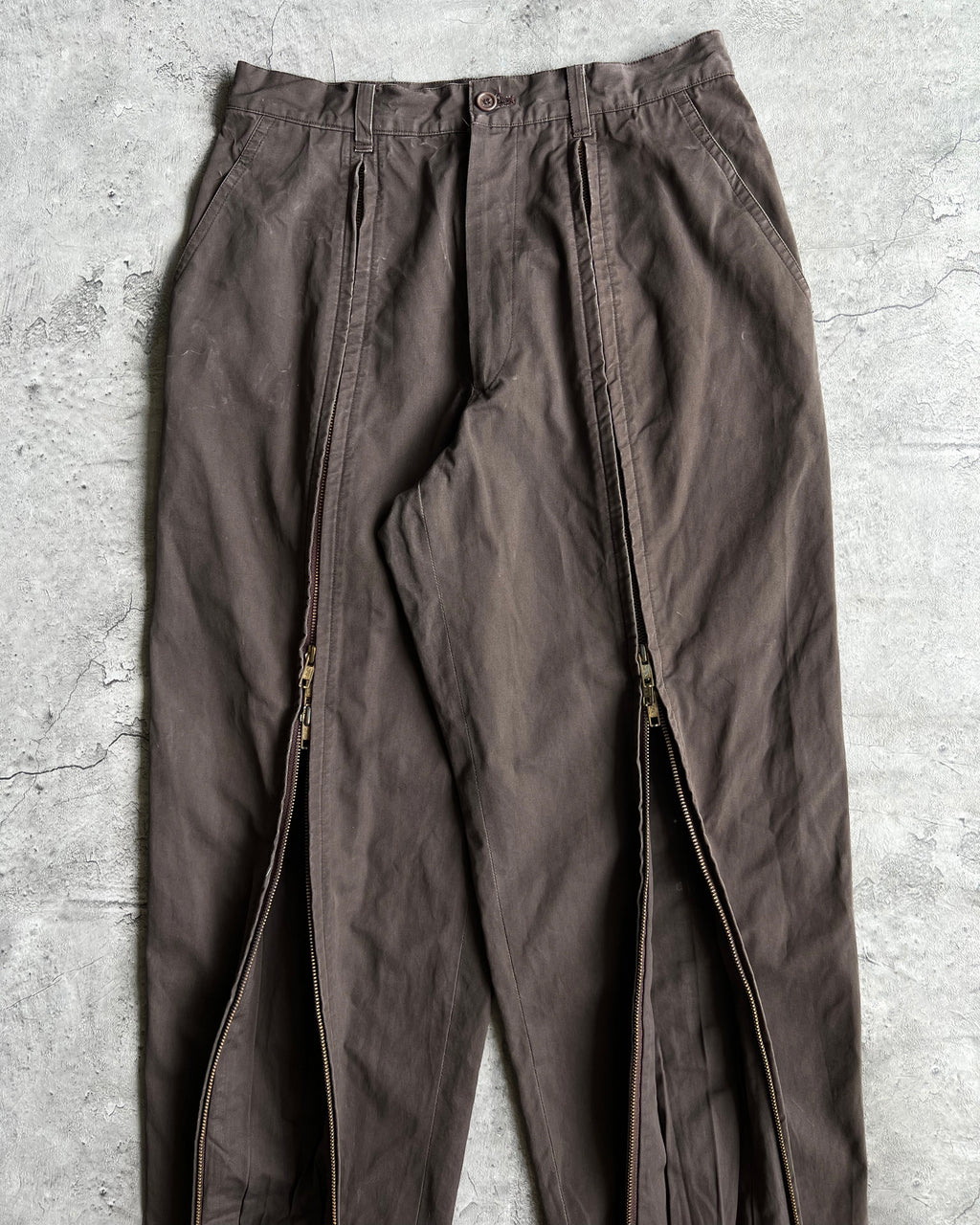 1980S BROWN ISSEY MIYAKE DUAL ZIPPER PARACHUTE TROUSERS (29-31)