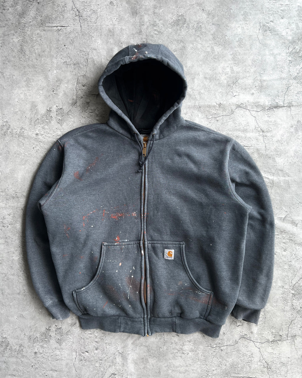 1990S GREY PAINTED CARHARTT HEAVYWEIGHT LOGO ZIP-UP HOODIE (XL)