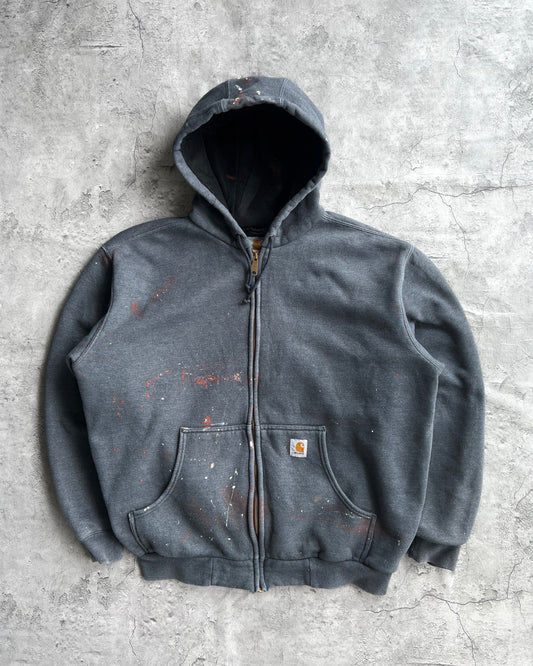 1990S GREY PAINTED CARHARTT HEAVYWEIGHT LOGO ZIP-UP HOODIE (XL)