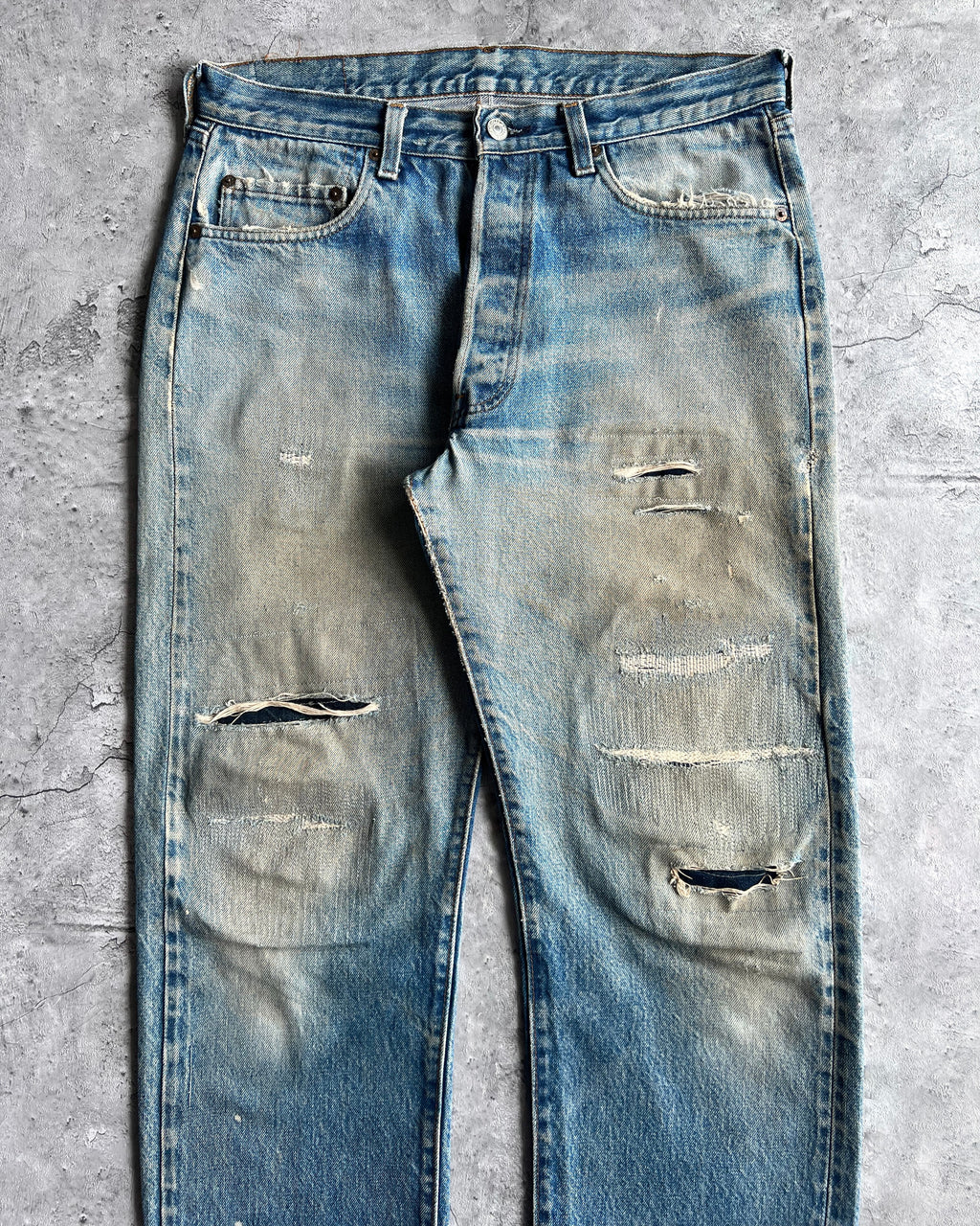 1980S FADED WASHED LEVI'S 501 REDLINE SELVEGDE REPAIRED JEANS (34X32)
