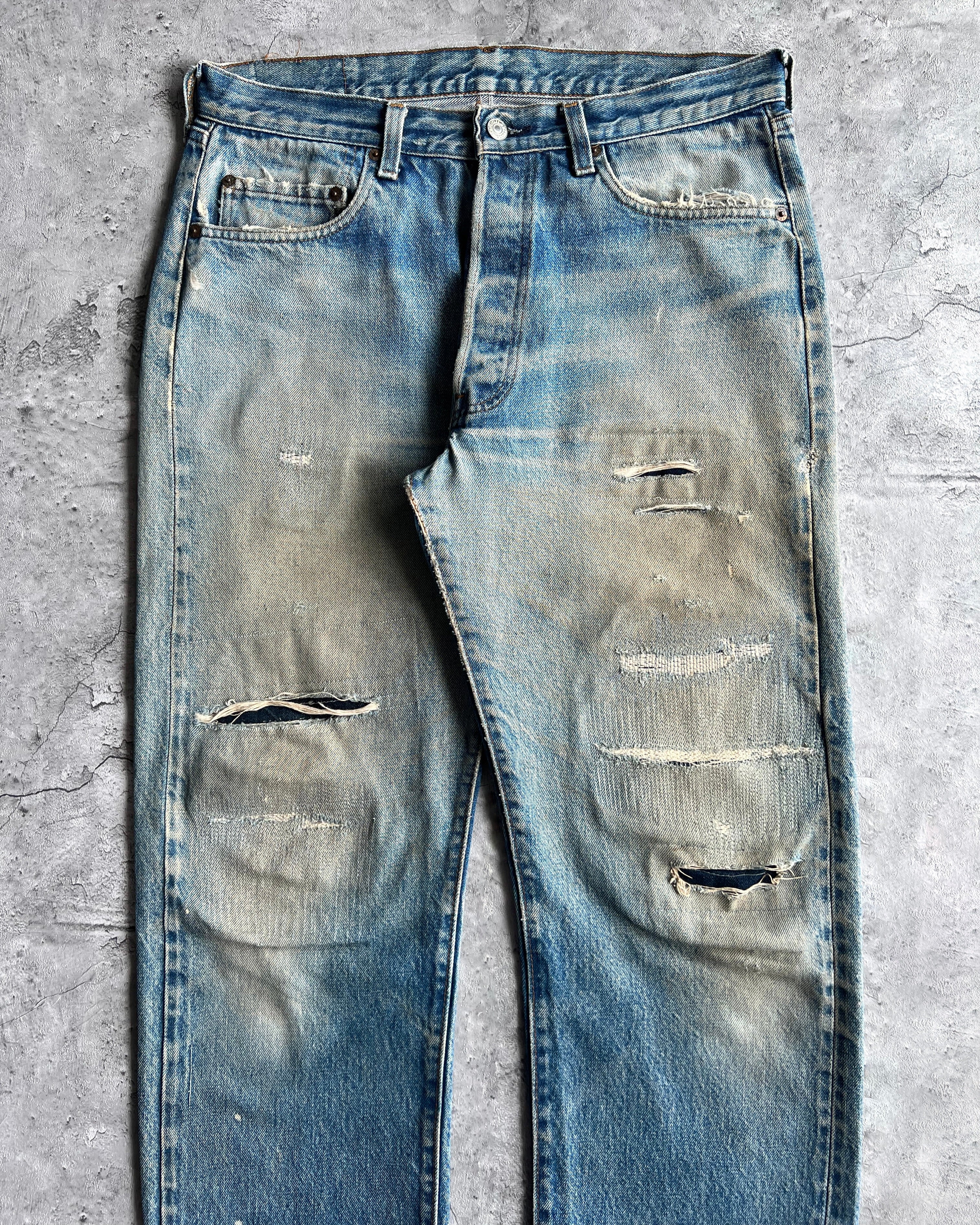 1980S FADED WASHED LEVI'S 501 REDLINE SELVEGDE REPAIRED JEANS (34X32)