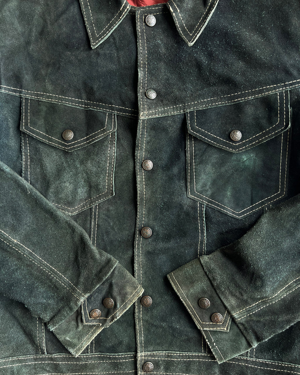 1970S MOSS GREEN SUEDE TRUCKER JACKET (M)