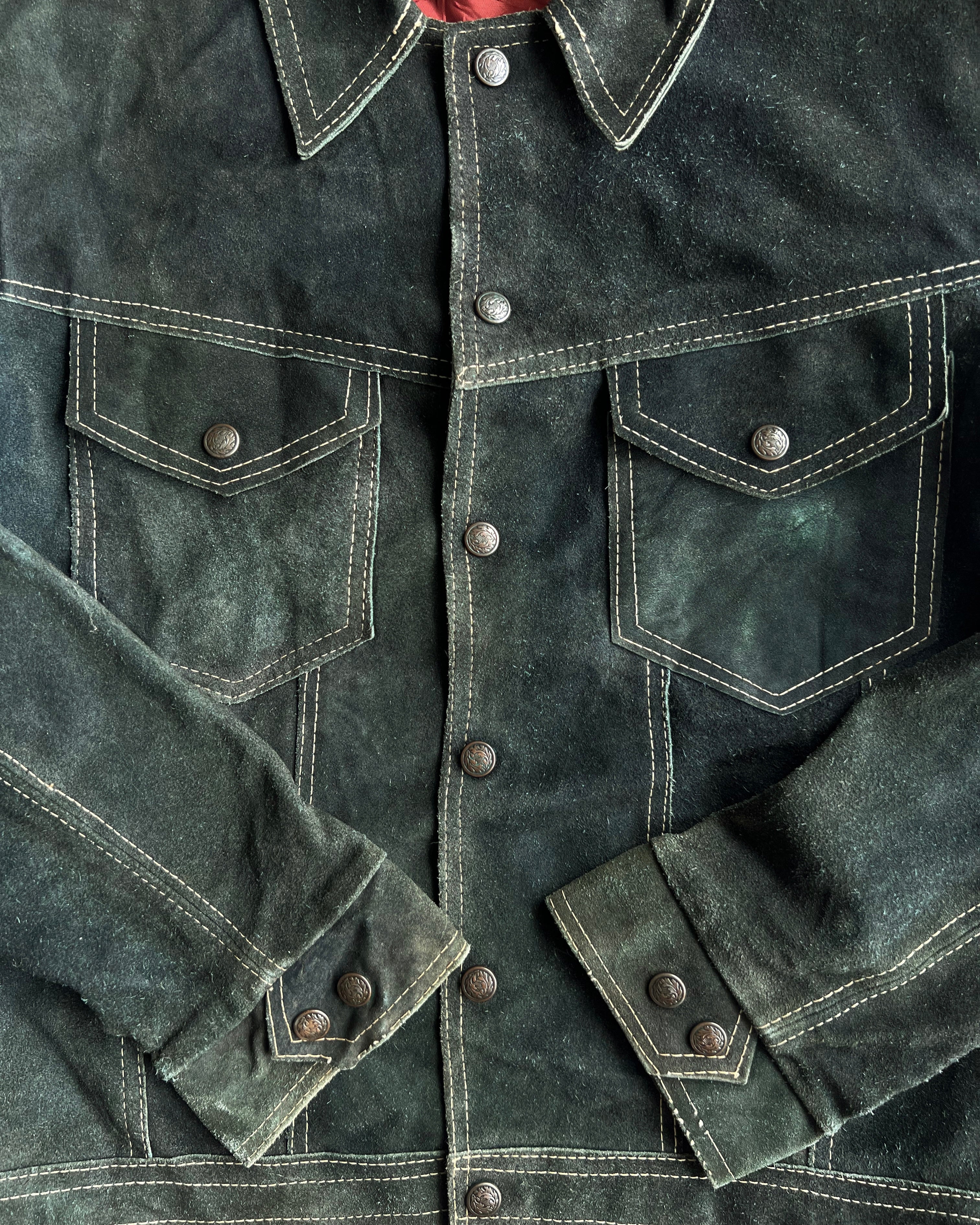 1970S MOSS GREEN SUEDE TRUCKER JACKET (M)