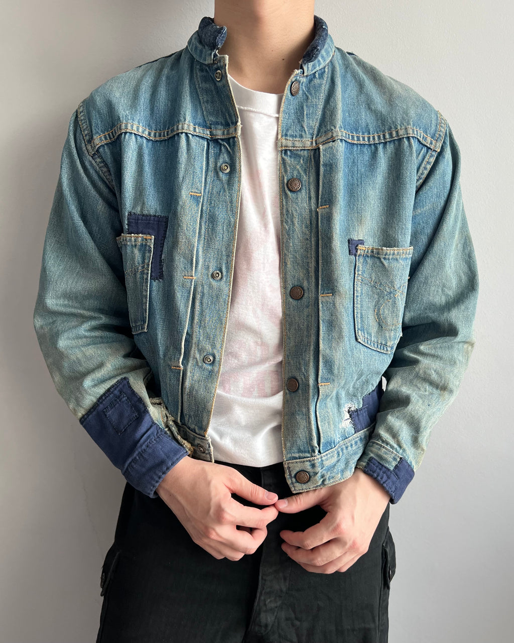 1960S FADED PATCHED TYPE II SELVEDGE DENIM JACKET (M)