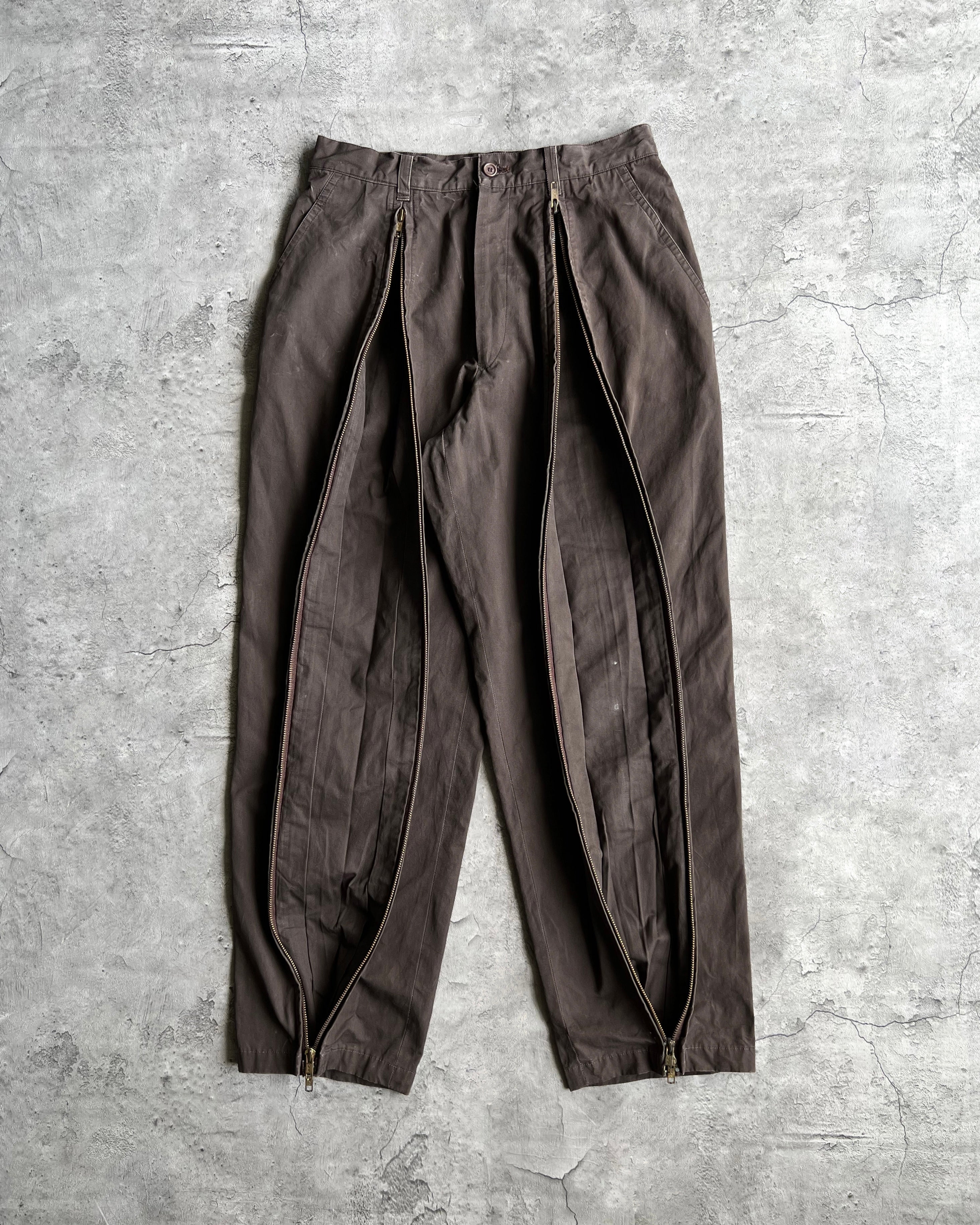 1980S BROWN ISSEY MIYAKE DUAL ZIPPER PARACHUTE TROUSERS (29-31)