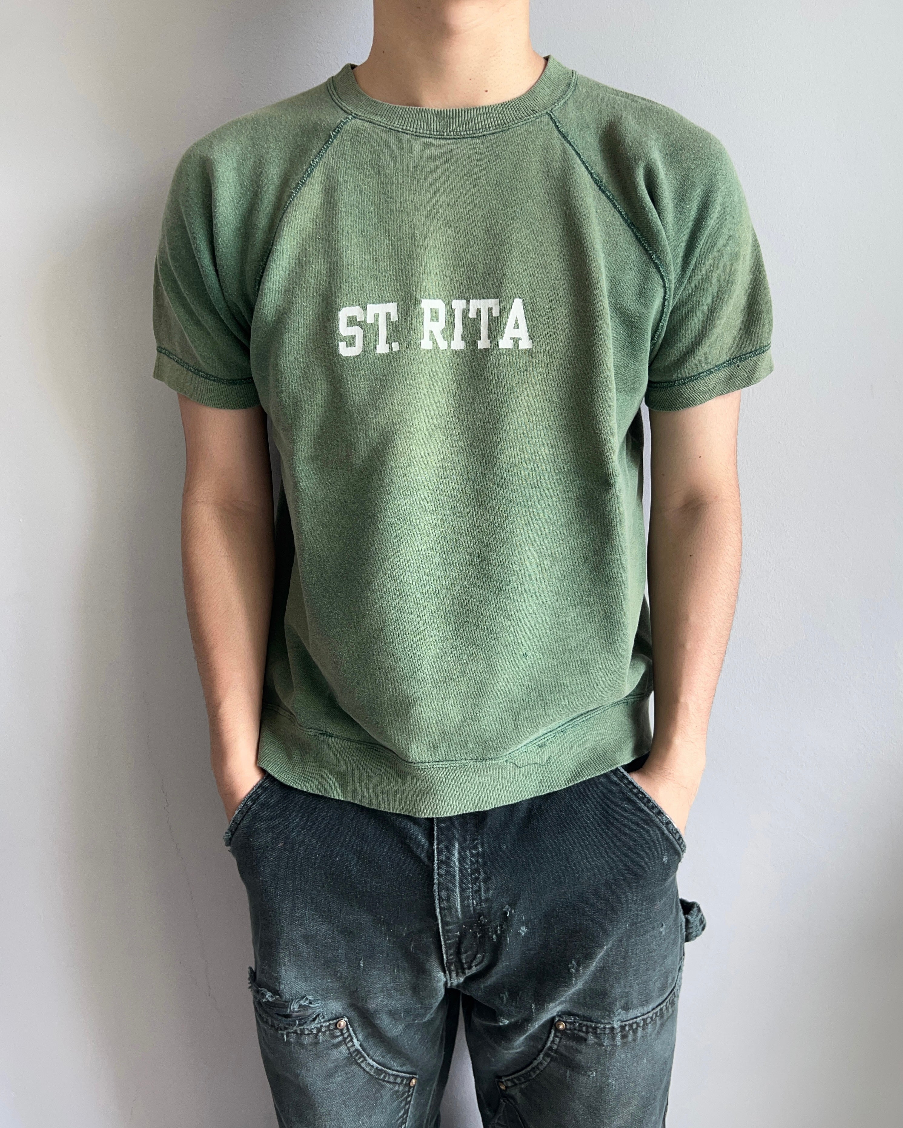 1950S FADED GREEN 'ST.RITA' SHORT SLEEVES RAGLAN SWEATSHIRT (L)