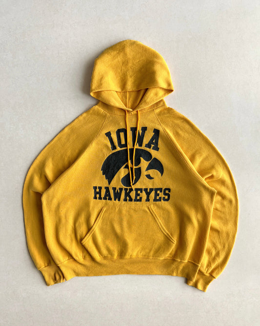 1980S YELLOW 'IOWA HAWKEYES' RAGLAN HOODIE (L)