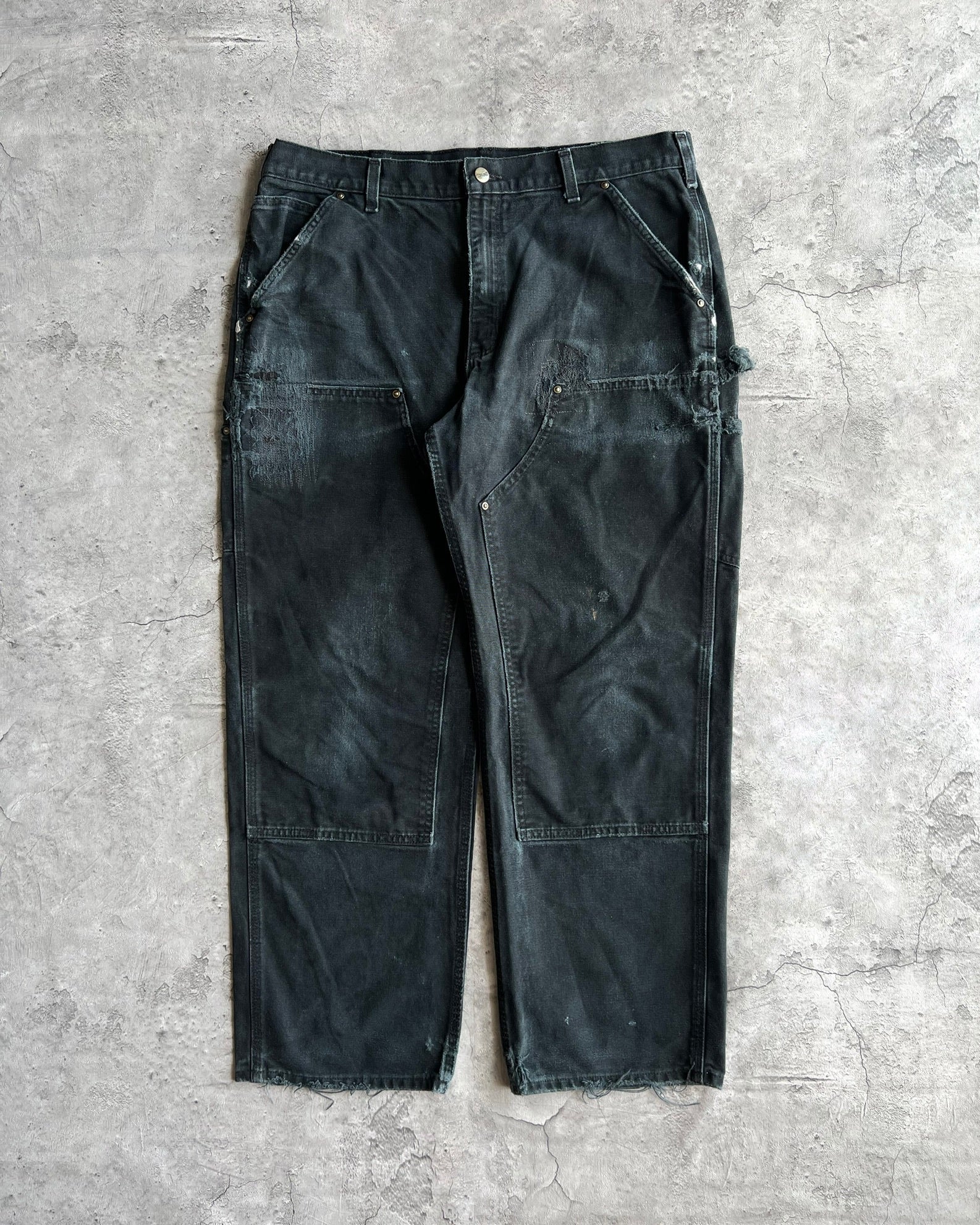 1990S FADED BLACK CARHARTT REPAIRED DOUBLE KNEE PANTS (36X30)