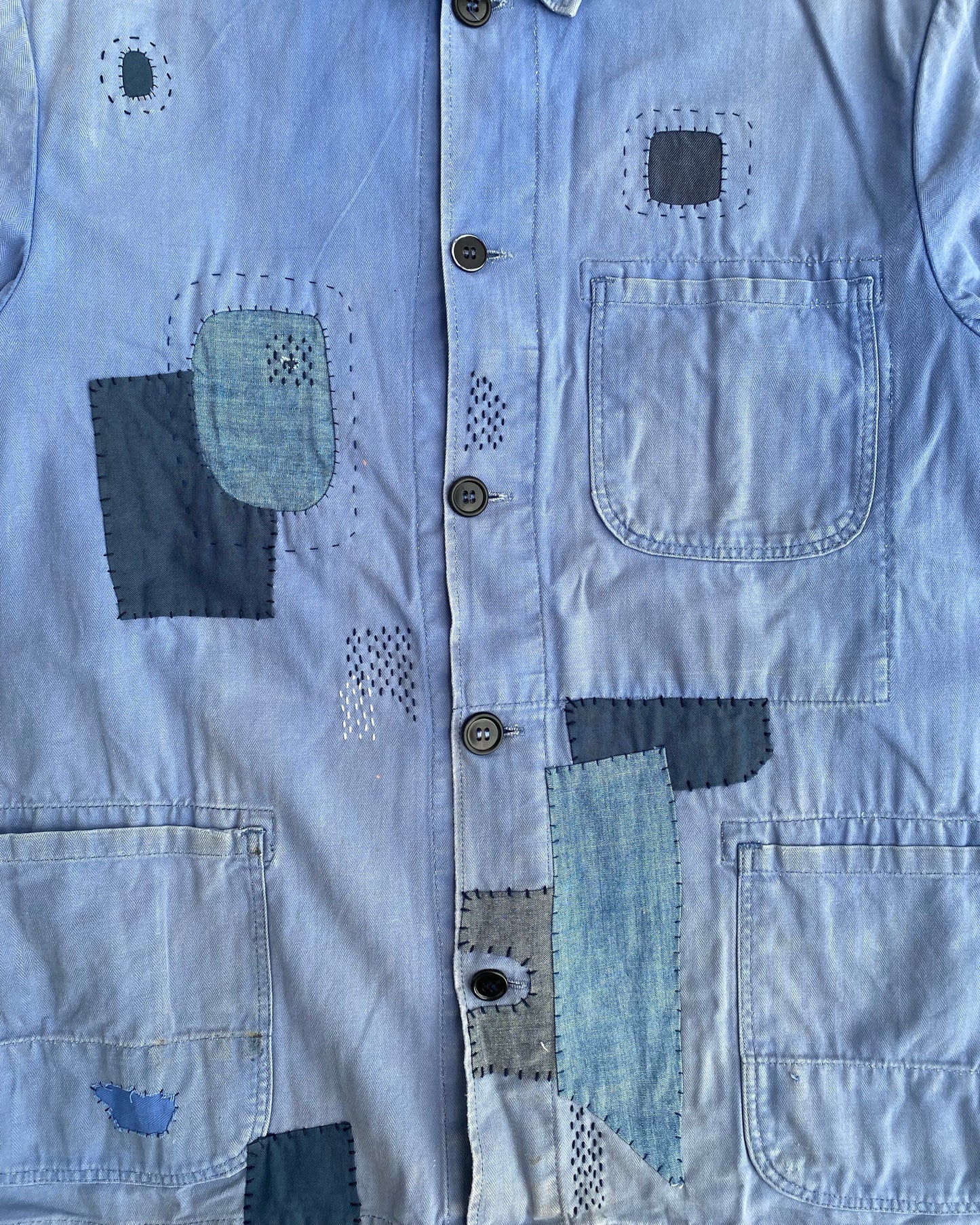 1970S SUN FADED PATCHED HBT FRENCH WORKWEAR JACKET (M/L)